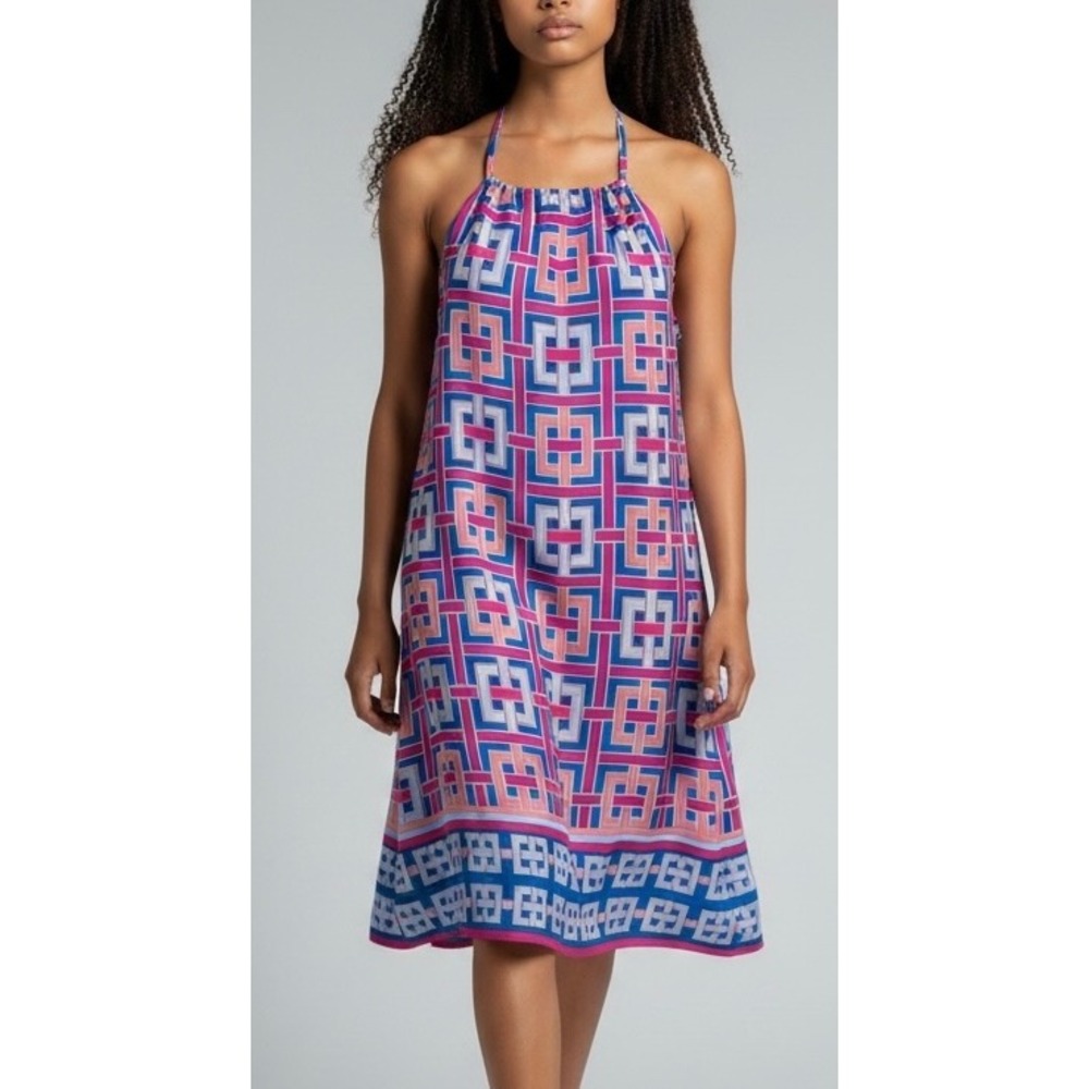 Crown & Ivy Halter Shift Dress M Pink Geometric Greek Key Vacation Mod Retro